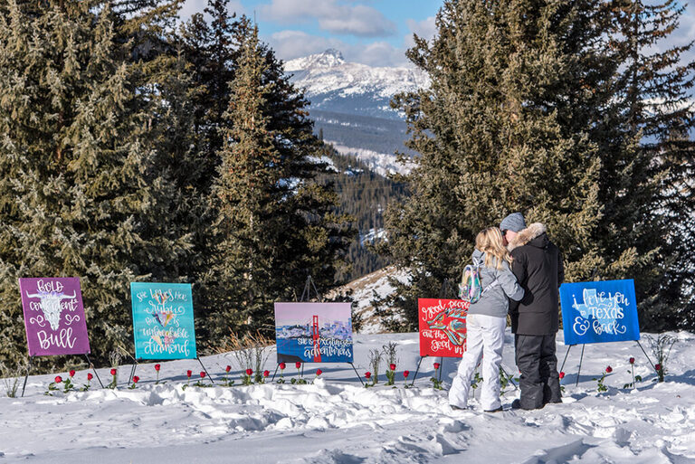 Closeup of elaborate marriage proposal near Vail, CO using Nova Guides snowmobiles
