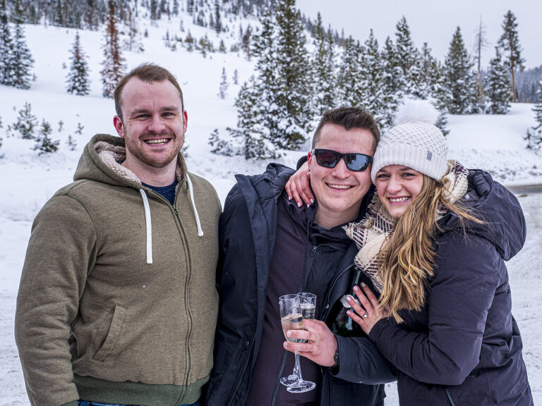 All happy faces after a double surprise during a marriage proposal at Sapphire Point Overlook near Breckenridge, CO